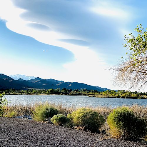 A serene lakeside scene with mountains in the background, bushes in the foreground, and a unique cloud formation in the sky, ending the sentence.
