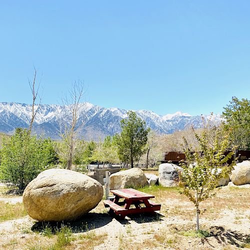 The image shows a serene landscape with large boulders, a red picnic table, sparse trees, and snow-capped mountains in the background under a clear blue sky.