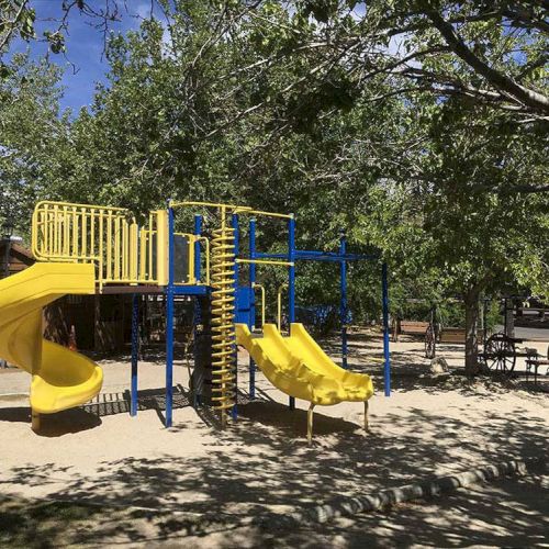 A playground with yellow slides, blue and yellow climbing structures, shaded by trees in a sunny park.