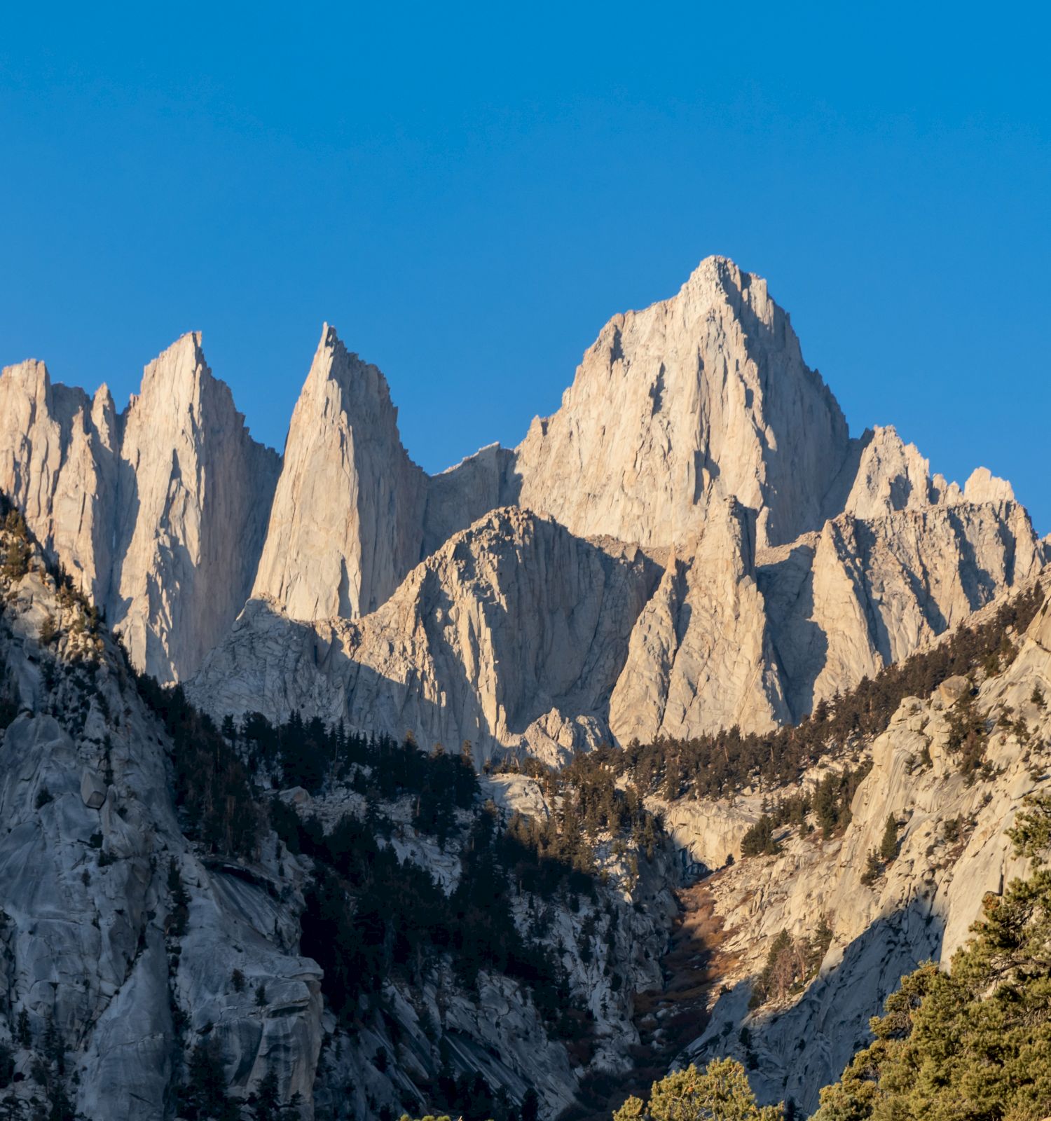 A rugged mountain range with steep, rocky peaks under a clear blue sky, surrounded by trees and shadows.