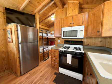 Cozy wood-paneled kitchen with stainless fridge, microwave, gas stove, open shelving, and a sink; warm cabin vibe and bright overhead lighting.