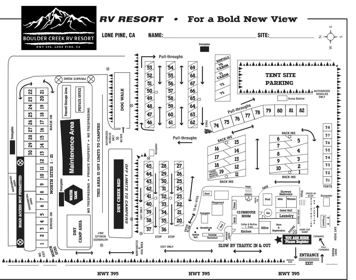 Map of a RV resort with marked sites, layout roads, and facilities; top banner shows mountains and resort name, lots of numbered lots.
