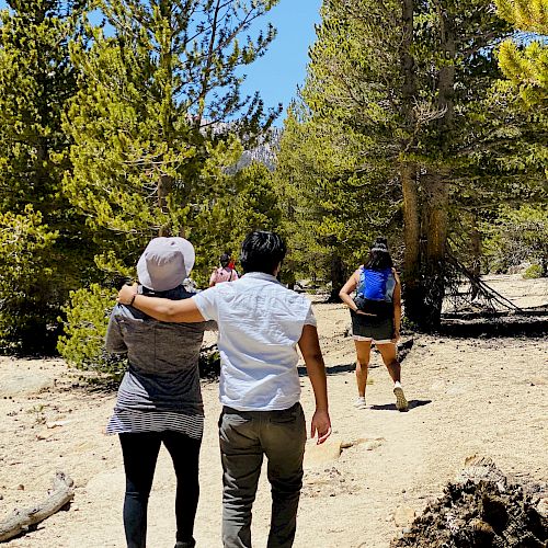A group of people are hiking in a forested area, with two individuals walking closely together in the foreground and one person ahead on the trail.
