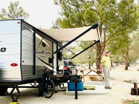 A person standing next to a parked RV with an extended awning in a campsite surrounded by trees, near a table with camping gear.